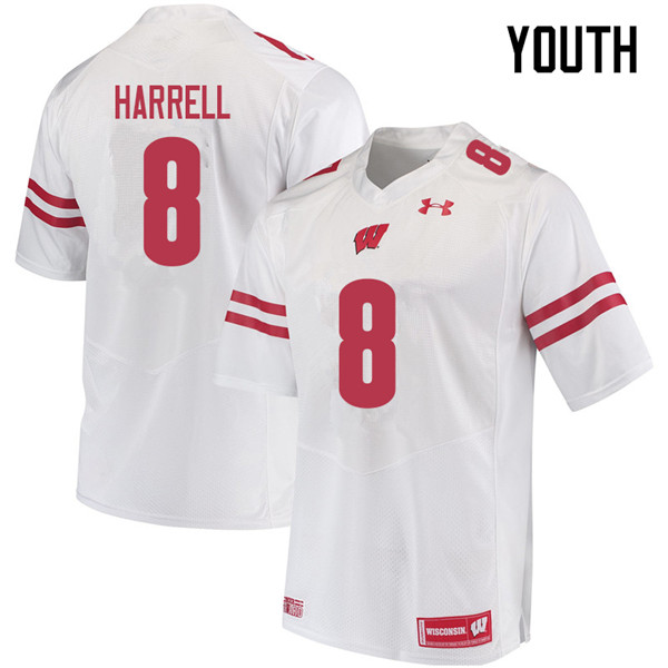 Youth #8 Deron Harrell Wisconsin Badgers College Football Jerseys Sale-White - Click Image to Close